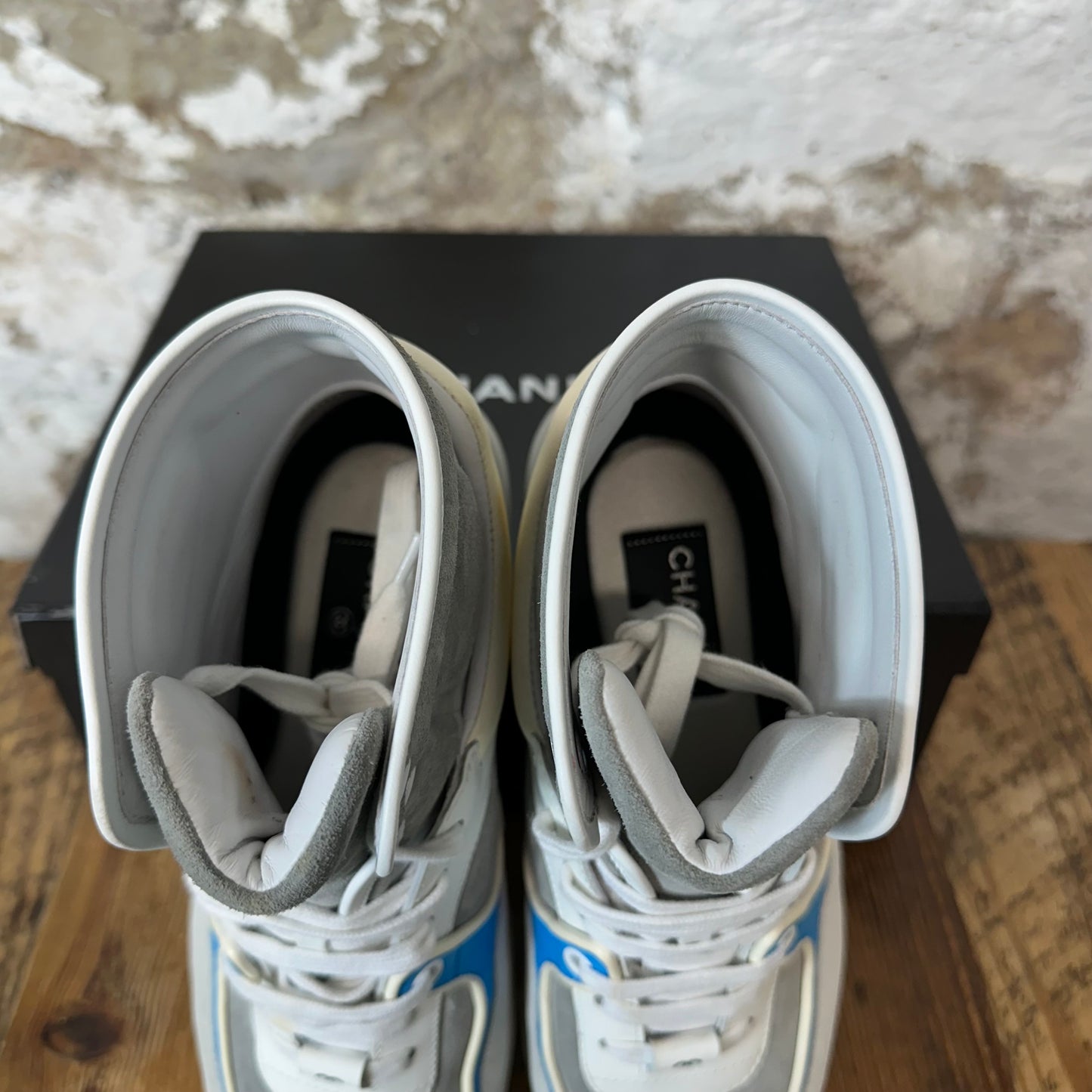Chanel High Grey White Blue Sneaker Sz 5 (37)