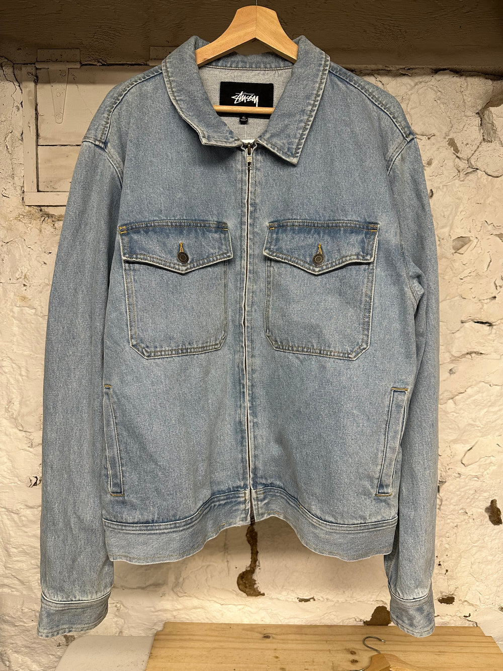 Stussy Light Blue Zip Up Denim Jacket Sz XL