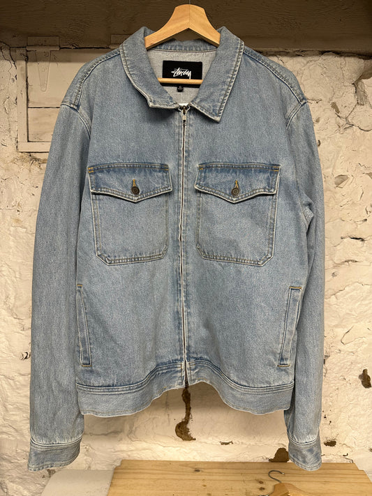 Stussy Light Blue Zip Up Denim Jacket Sz XL