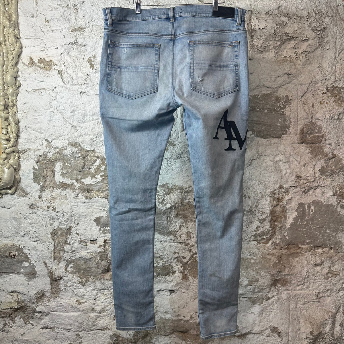 Amiri Black Leather Stagger Blue Denim Jeans Sz 36