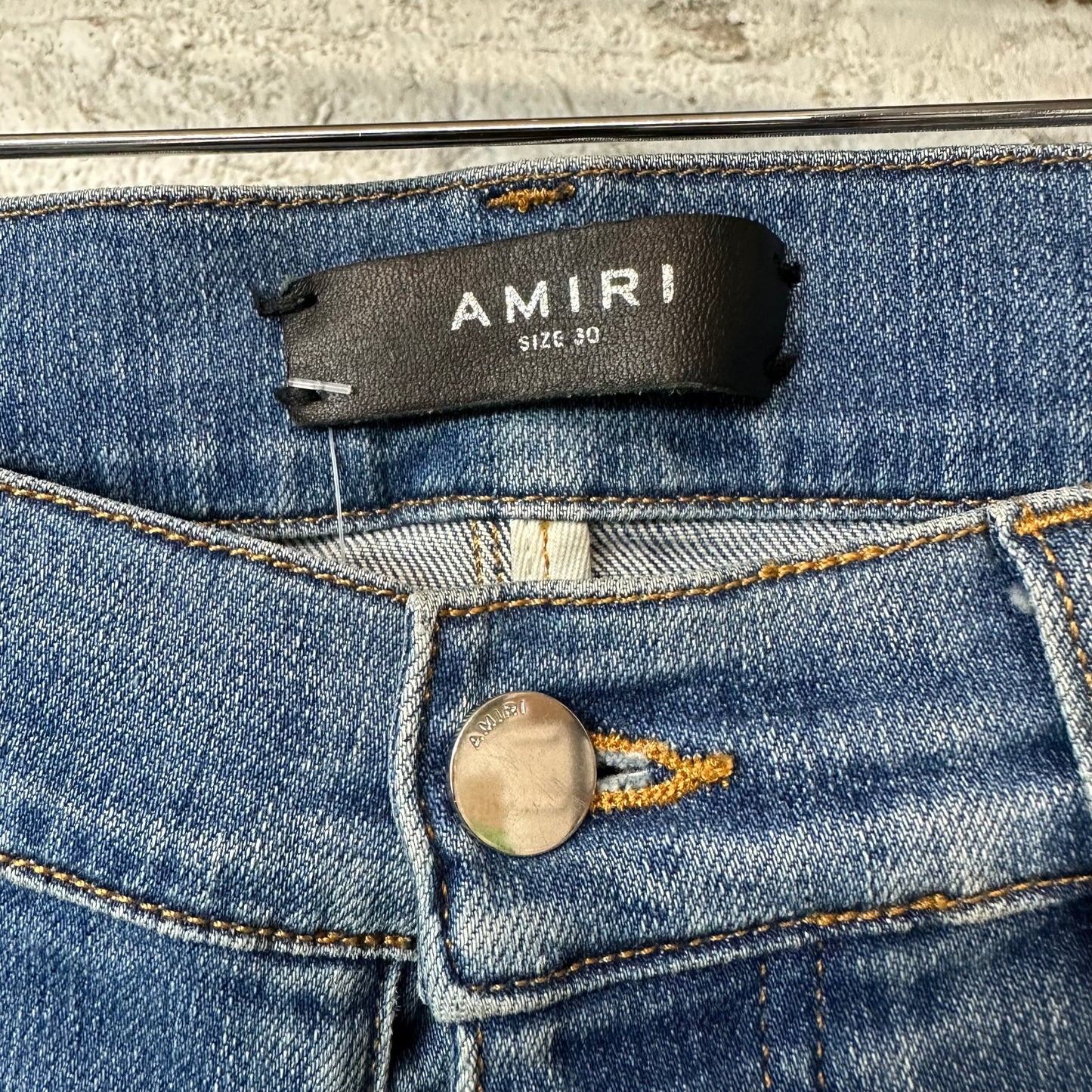 Amiri MX1 Black Leather Dark Blue Denim Jeans Sz 30