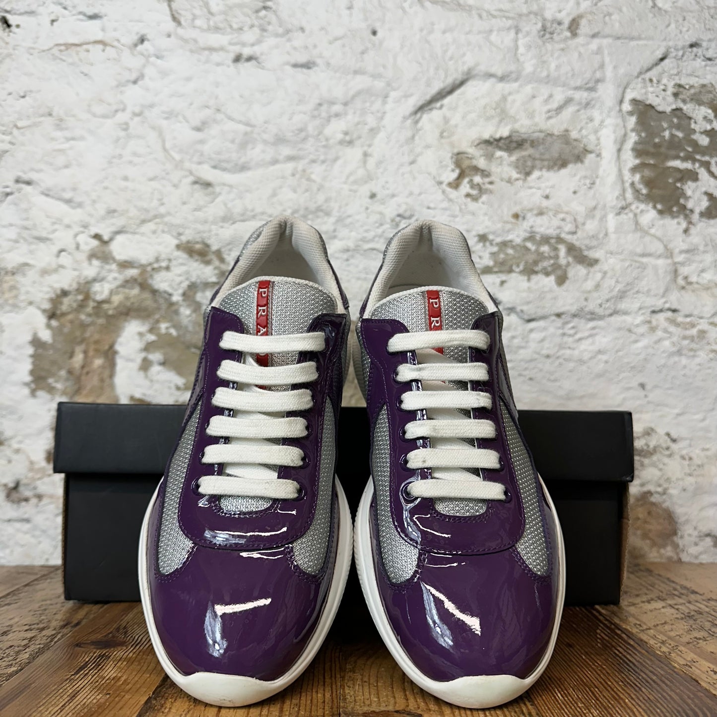 Prada Americas Cup Ciclamino Patent Grey White Sneaker Sz 7