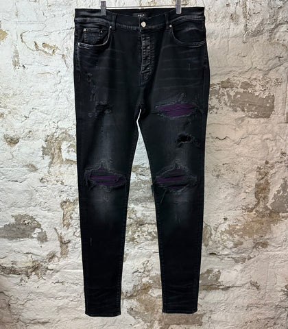 Amiri MX1 Purple Suede Black Denim Jeans Sz 38