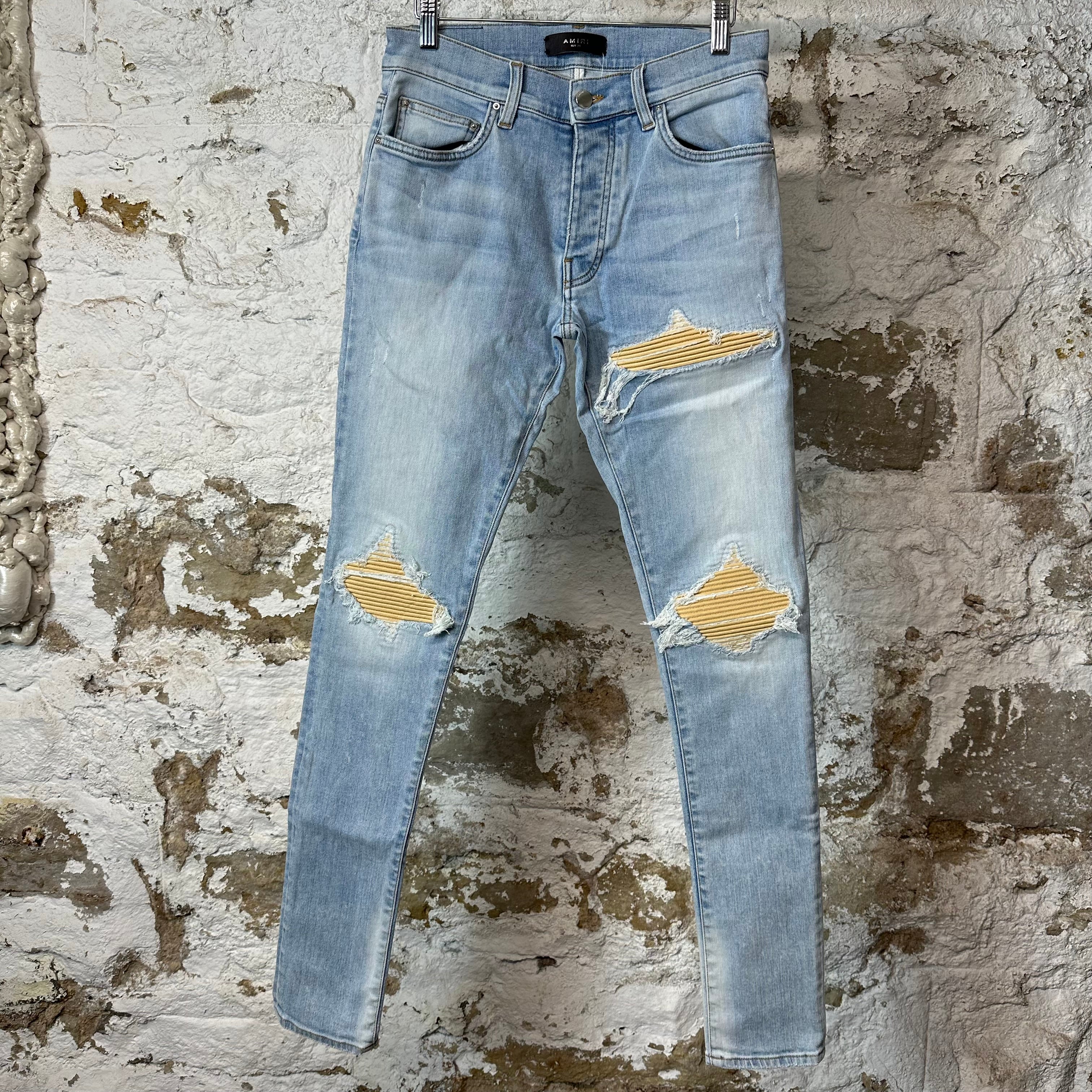 Amiri MX1 Yellow Suede Light Blue Denim Jeans Sz 28