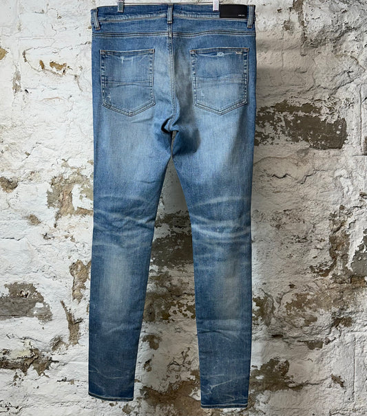 Amiri Distressed Side Spell Blue Denim Jeans Sz 36