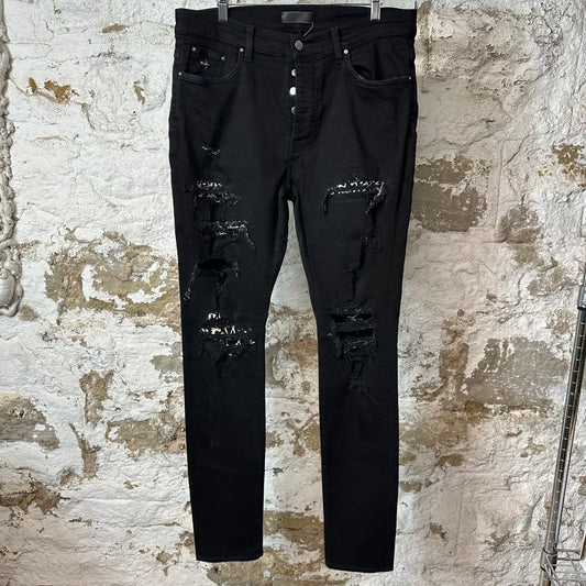 Amiri White Bones Patches Black Denim Jeans Sz 36