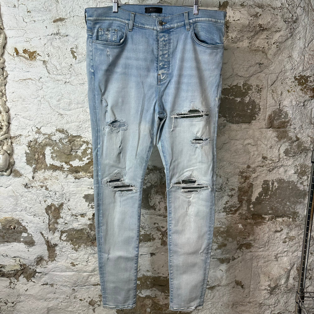 Amiri MX1 Camo Patch Light Blue Denim Jeans Sz 40