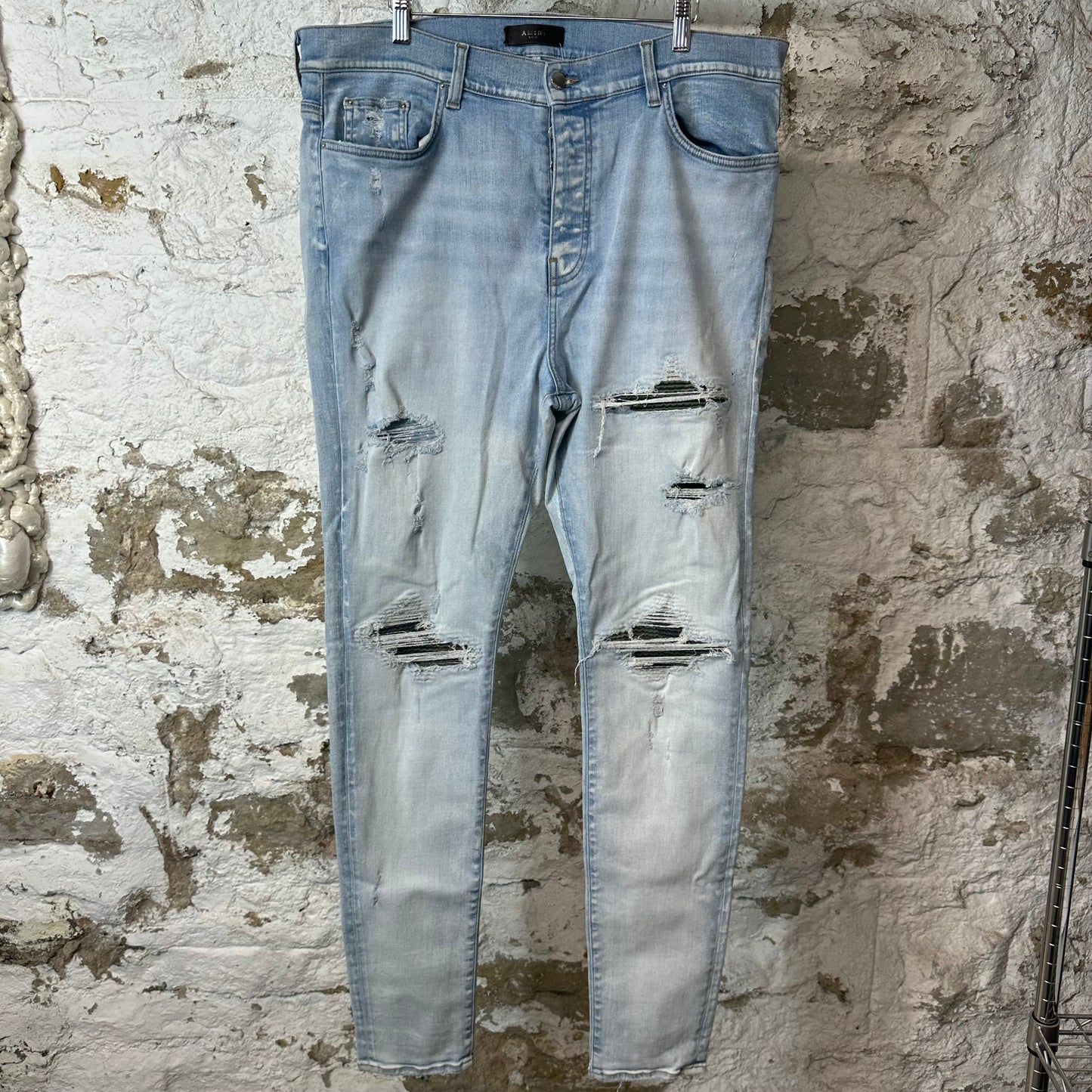 Amiri MX1 Camo Patch Light Blue Denim Jeans Sz 40