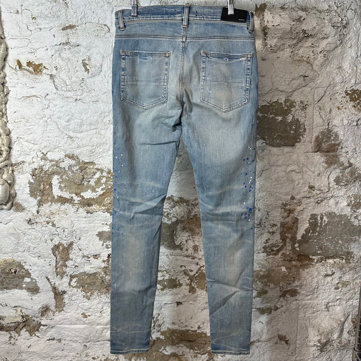 Amiri Knee Rip Crystal Splatter Blue Denim Jeans Sz 32