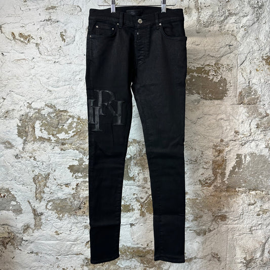 Amiri Black Leather Stagger Black Waxed Denim Jeans Sz 28