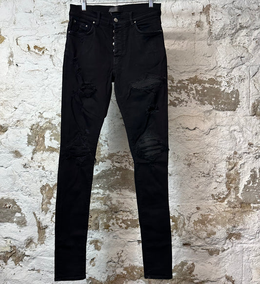 Amiri MX1 Black Leather Black Denim Jeans Sz 29