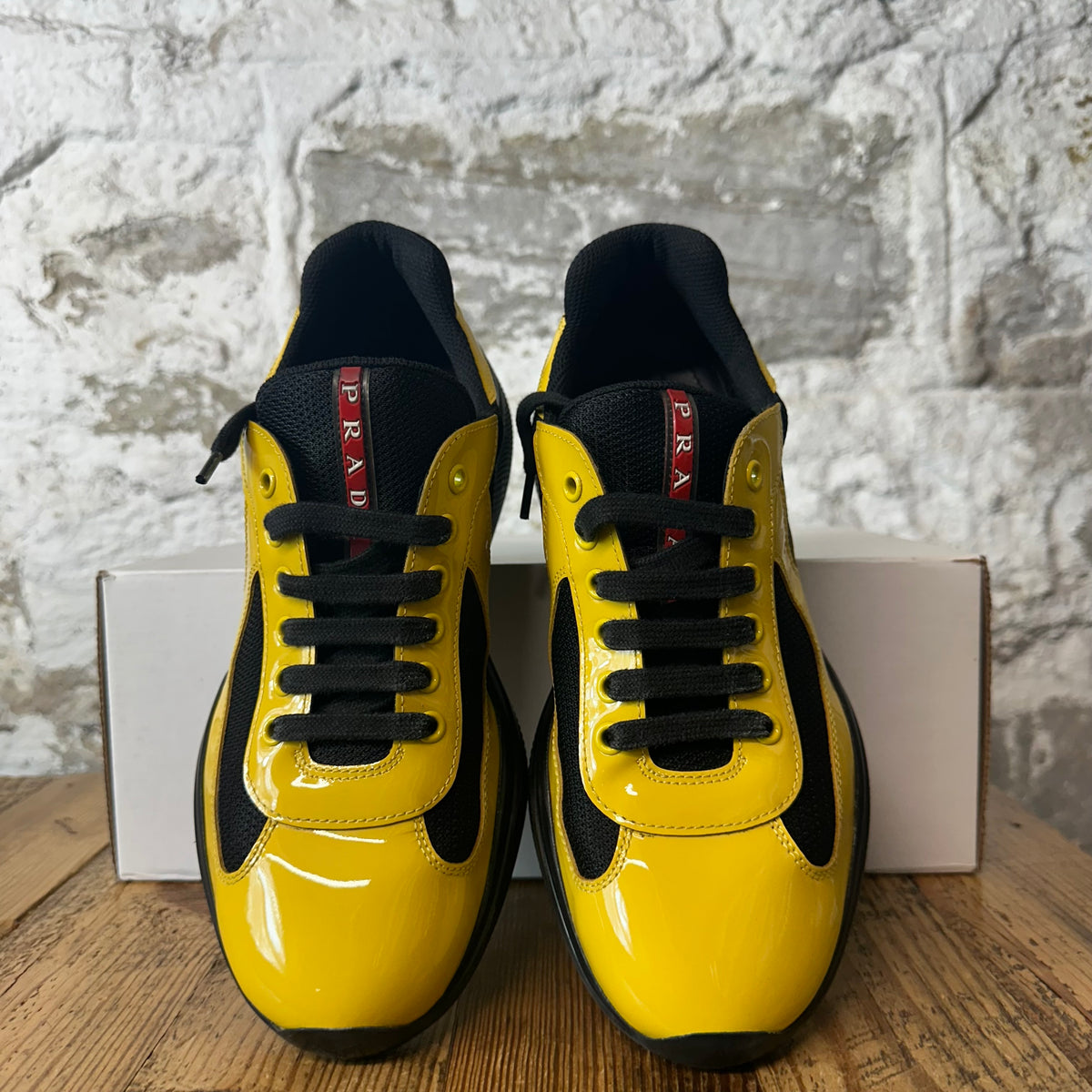 Prada Americas Cup Yellow Patent Black Sneaker Sz 6