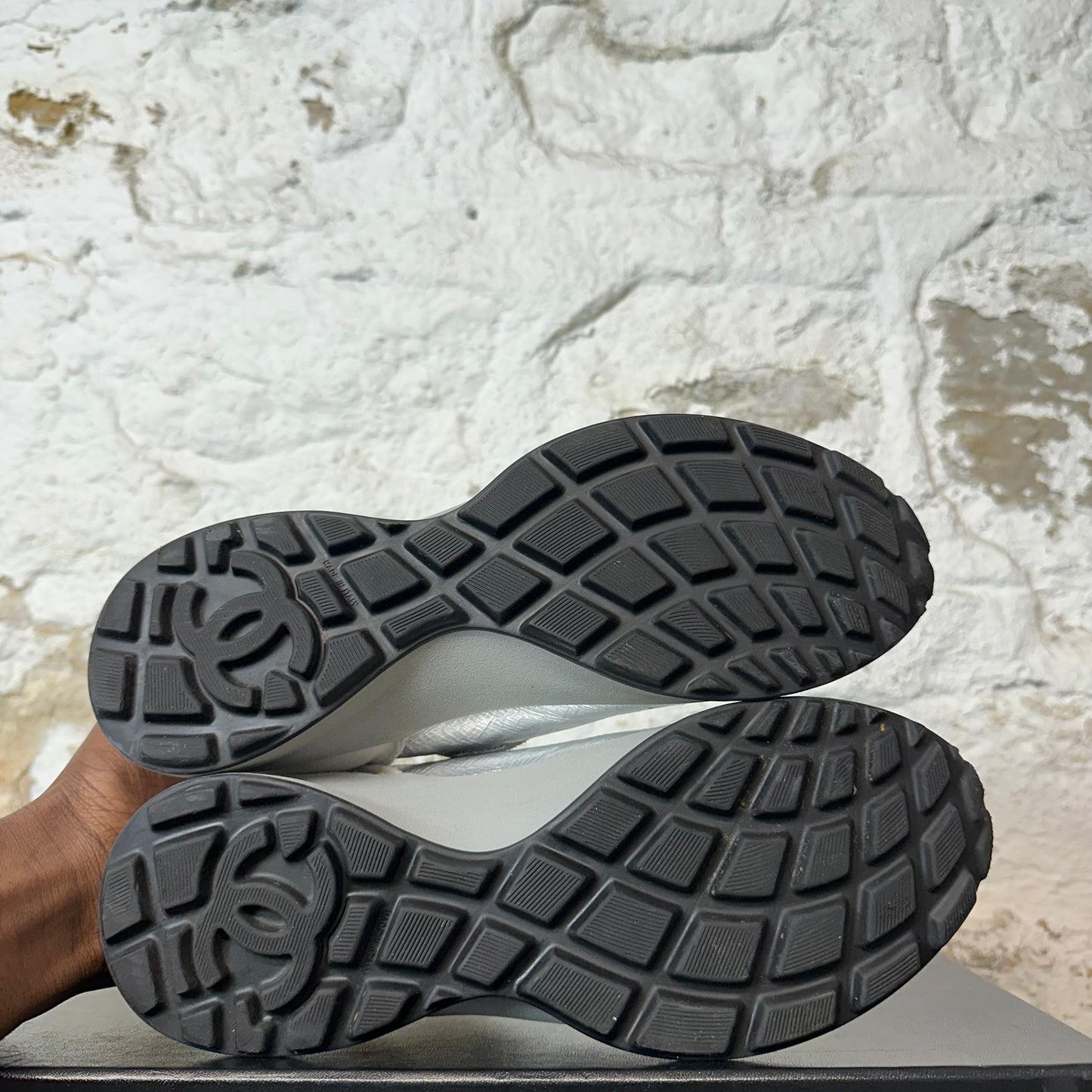 Chanel Silver CC Laminated Suede Trainer Sneaker Sz 6 (38.5)