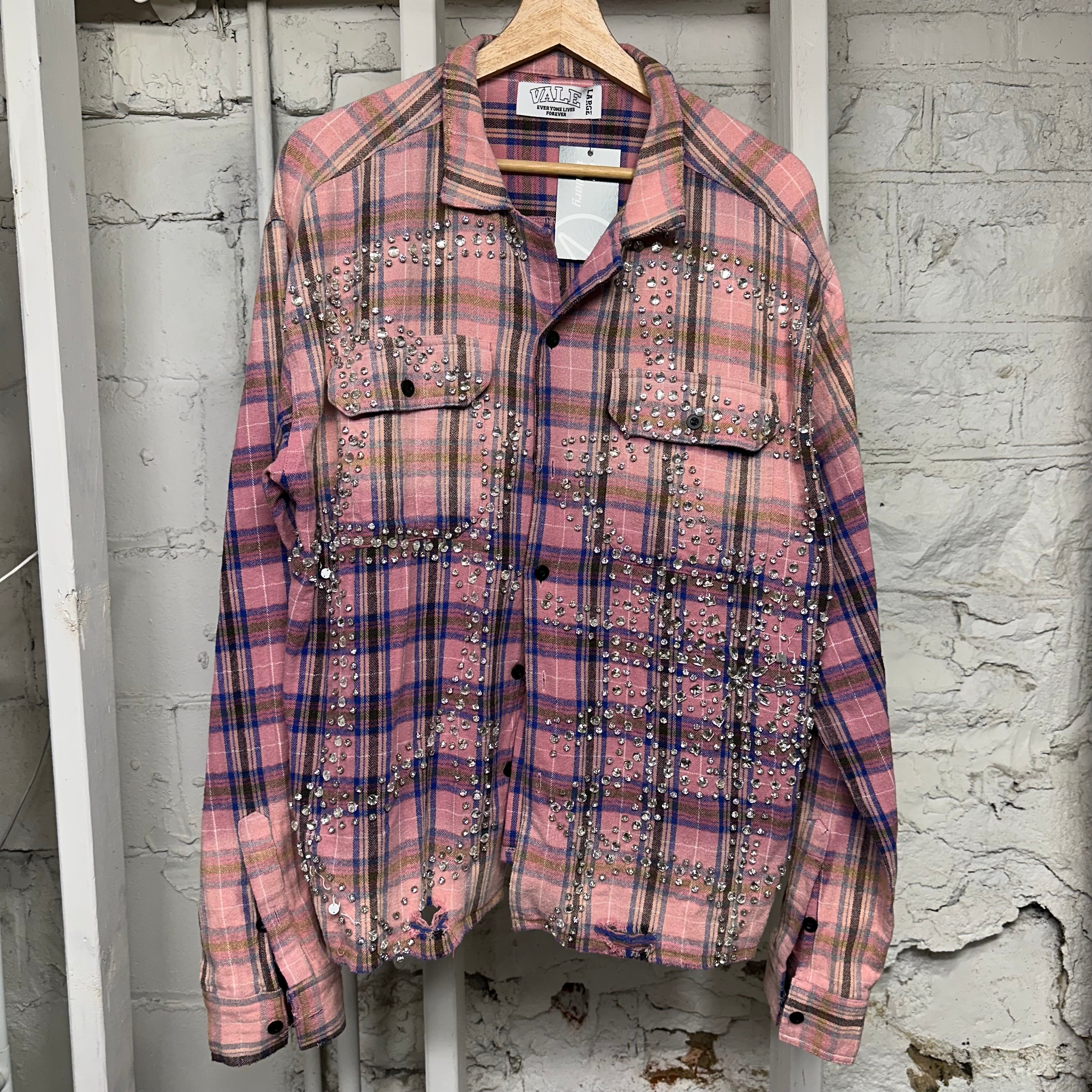 Vale Pink Plaid Rhinestone Flannel Sz L