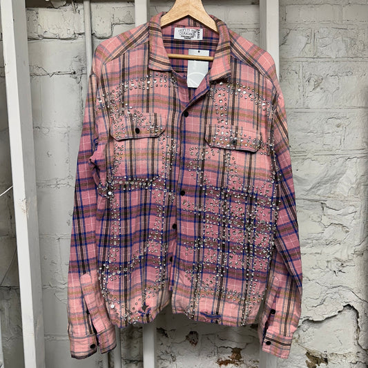Vale Pink Plaid Rhinestone Flannel Sz L