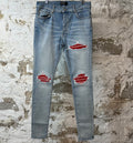 Amiri MX1 Red Suede Blue Denim Jeans Sz 34