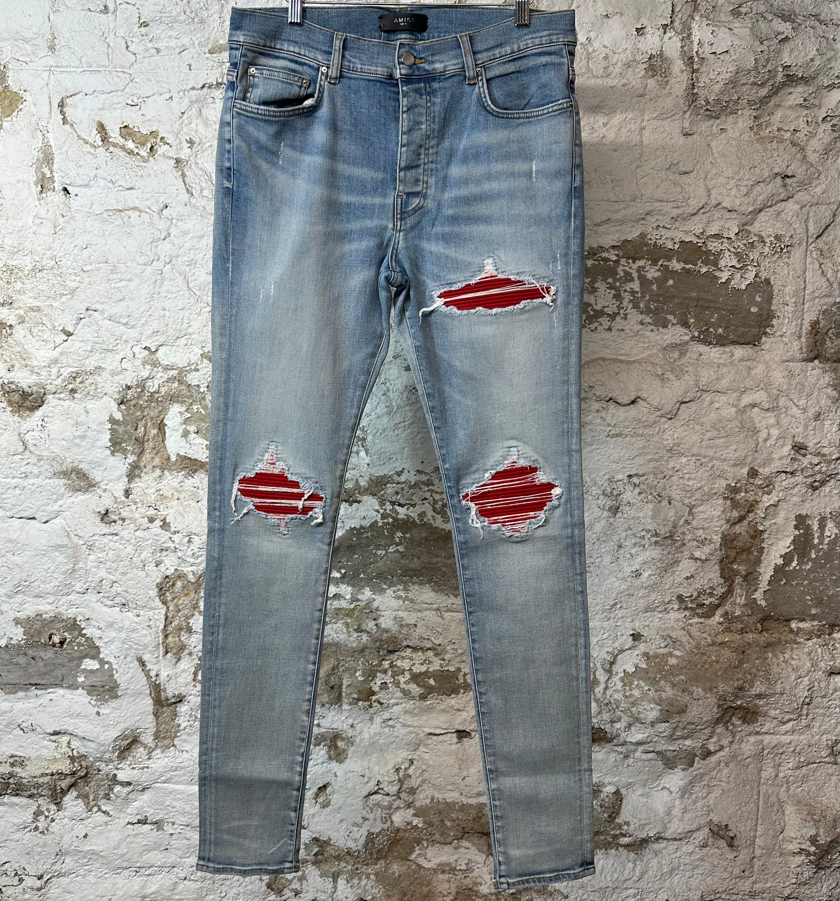 Amiri MX1 Red Suede Blue Denim Jeans Sz 34