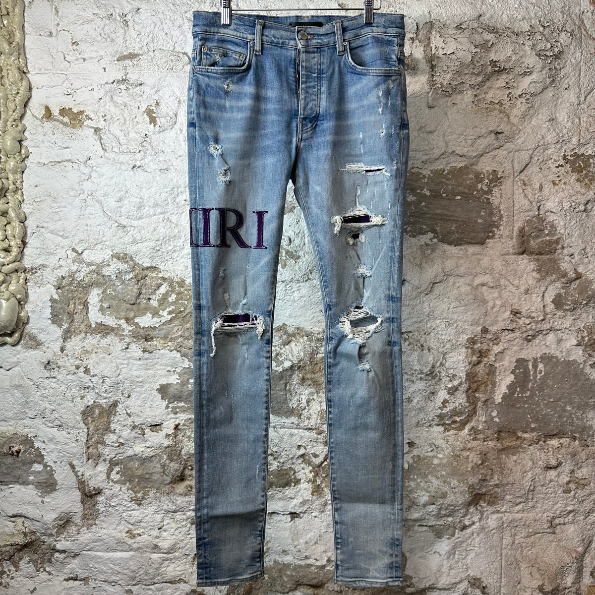 Amiri Purple Suede Core Logo Blue Denim Jeans Sz 32