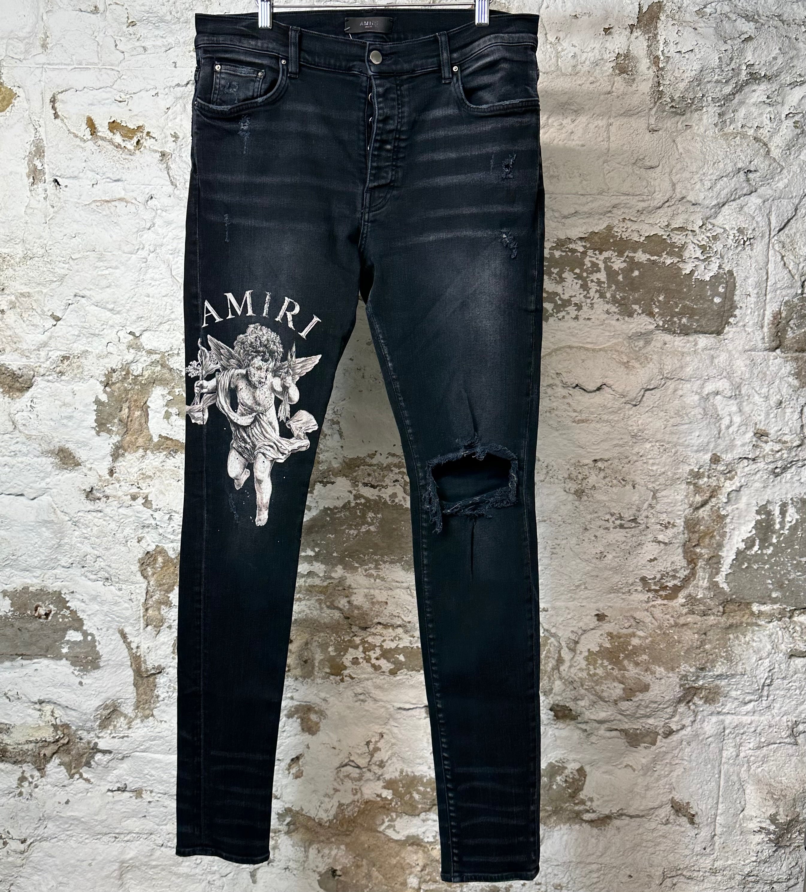 Amiri Cherub Logo Black Denim Jeans Sz 36