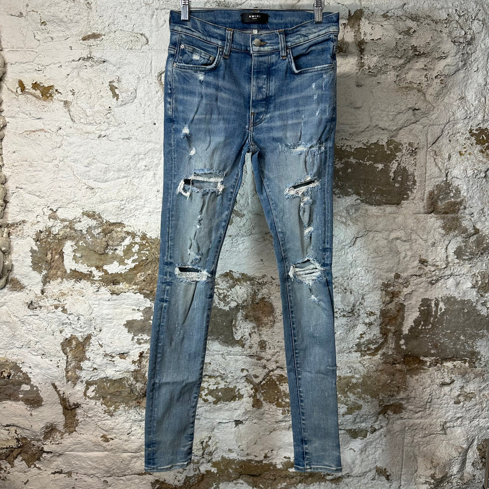 Amiri Plain Blue Distressed Denim Jeans Sz 28