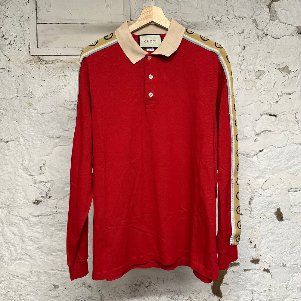 Gucci Interlocking G Stripe Red Long Sleeve Polo Sz XXXL