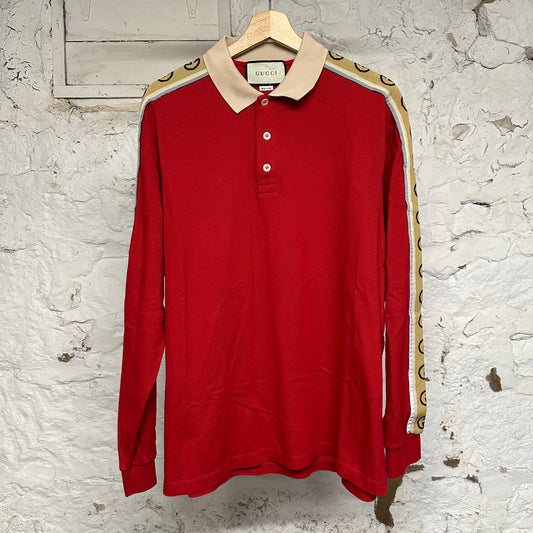 Gucci Interlocking G Stripe Red Long Sleeve Polo Sz XXXL