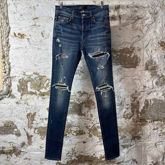 Amiri MX1 Black Leather Dark Blue Denim Jeans Sz 29
