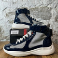 Prada Americas Cup High Navy Patent Grey White Sneaker Sz 7