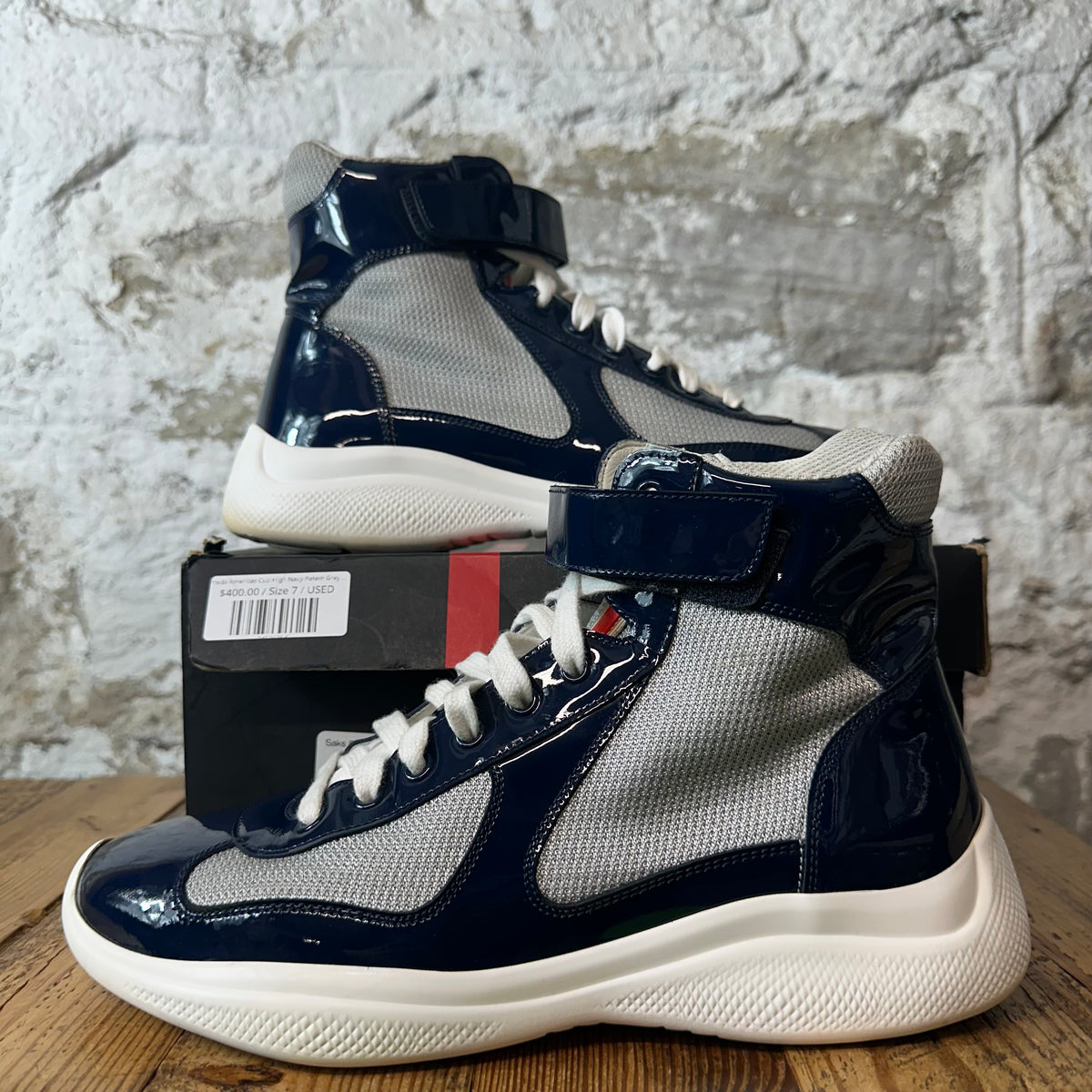 Prada Americas Cup High Navy Patent Grey White Sneaker Sz 7
