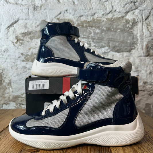 Prada Americas Cup High Navy Patent Grey White Sneaker Sz 7