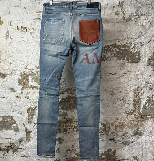 Amiri Brown Leather Spell Blue Denim Jeans Sz 32