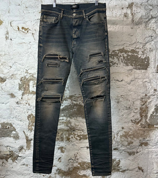 Amiri MX1 Black Leather Dirty Blue Denim Jeans Sz 34