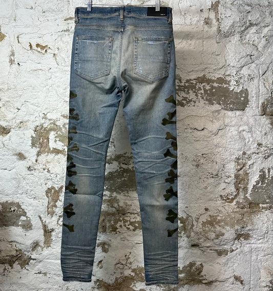 Amiri Green Camo Bones Blue Denim Jeans