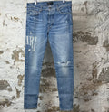 Amiri Knee Rip Distress Side Spell Blue Denim Jeans Sz 34