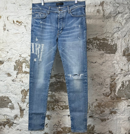Amiri Knee Rip Distress Side Spell Blue Denim Jeans Sz 34