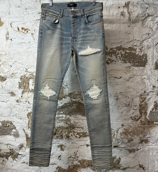 Amiri MX1 Cream Suede Lightwash Blue Denim Jeans Sz 32 DS