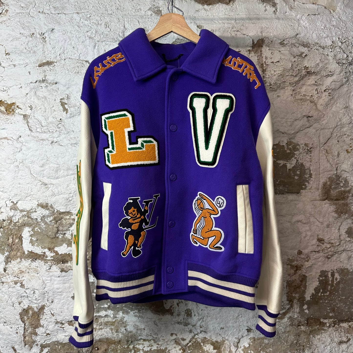 Louis Vuitton Purple White Frog Leather Wool Varsity Jacket Sz XL (52)