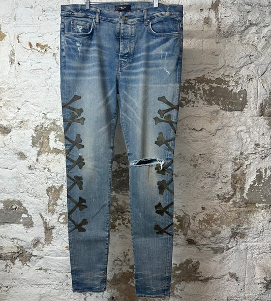 Amiri Green Camo Bones Blue Denim Jeans Sz 38