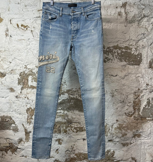 Amiri Varsity 22 Patch Blue Denim Jeans Sz 31