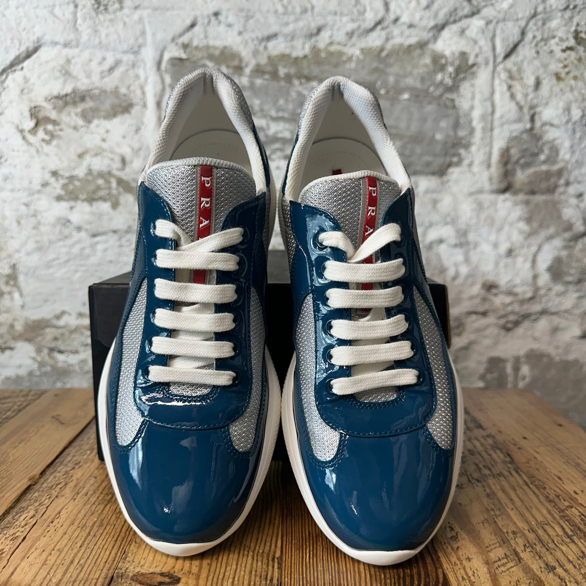 Prada Americas Cup Dark Teal Patent Sneaker Sz 7