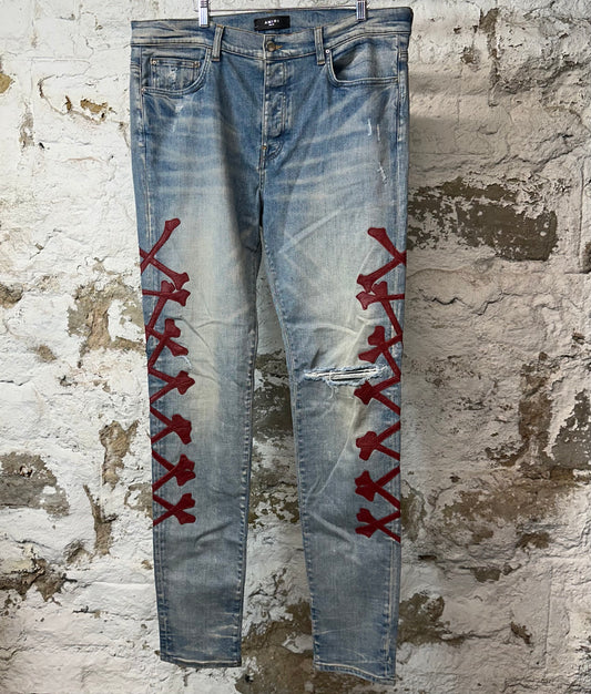 Amiri Red Bones Blue Denim Jeans Sz 38