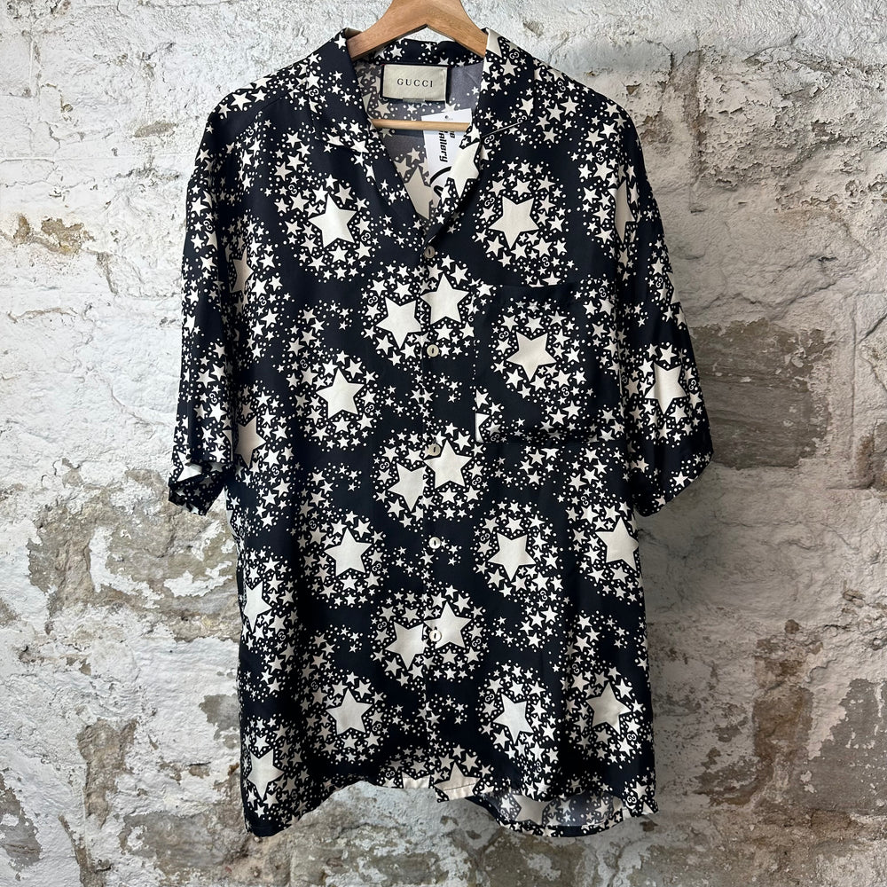 Gucci White Star Silk Black Button Up Shirt Sz XL (52)