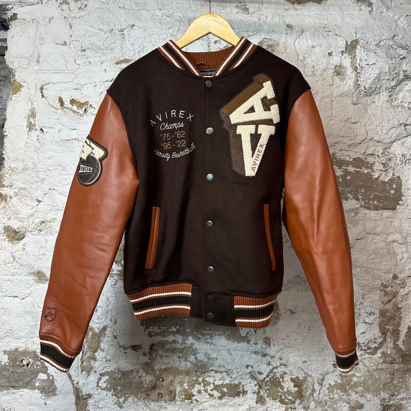 Avirex Varsity Basketball Brown Leather Wool Jacket Sz M