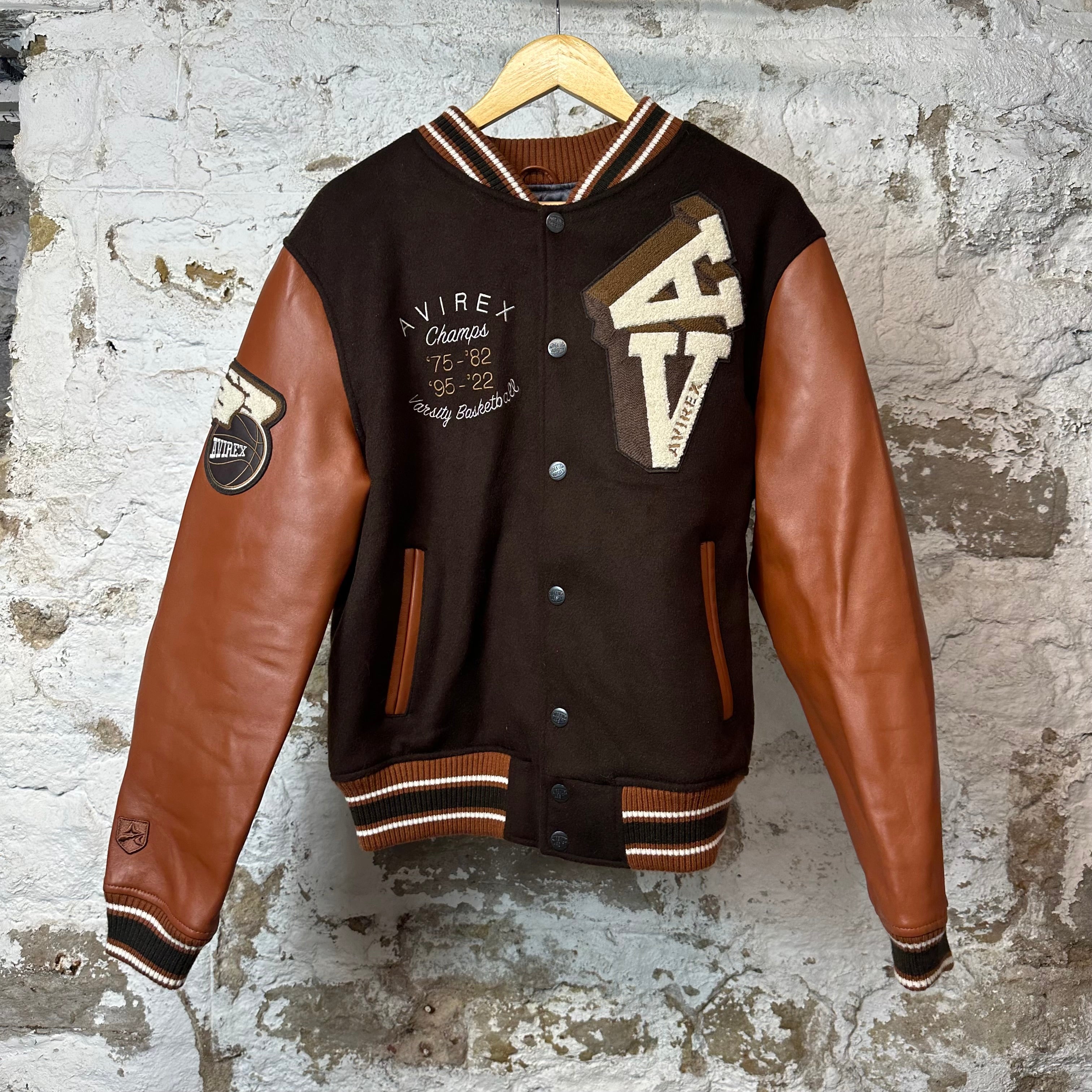 Avirex Varsity Basketball Brown Leather Wool Jacket Sz M