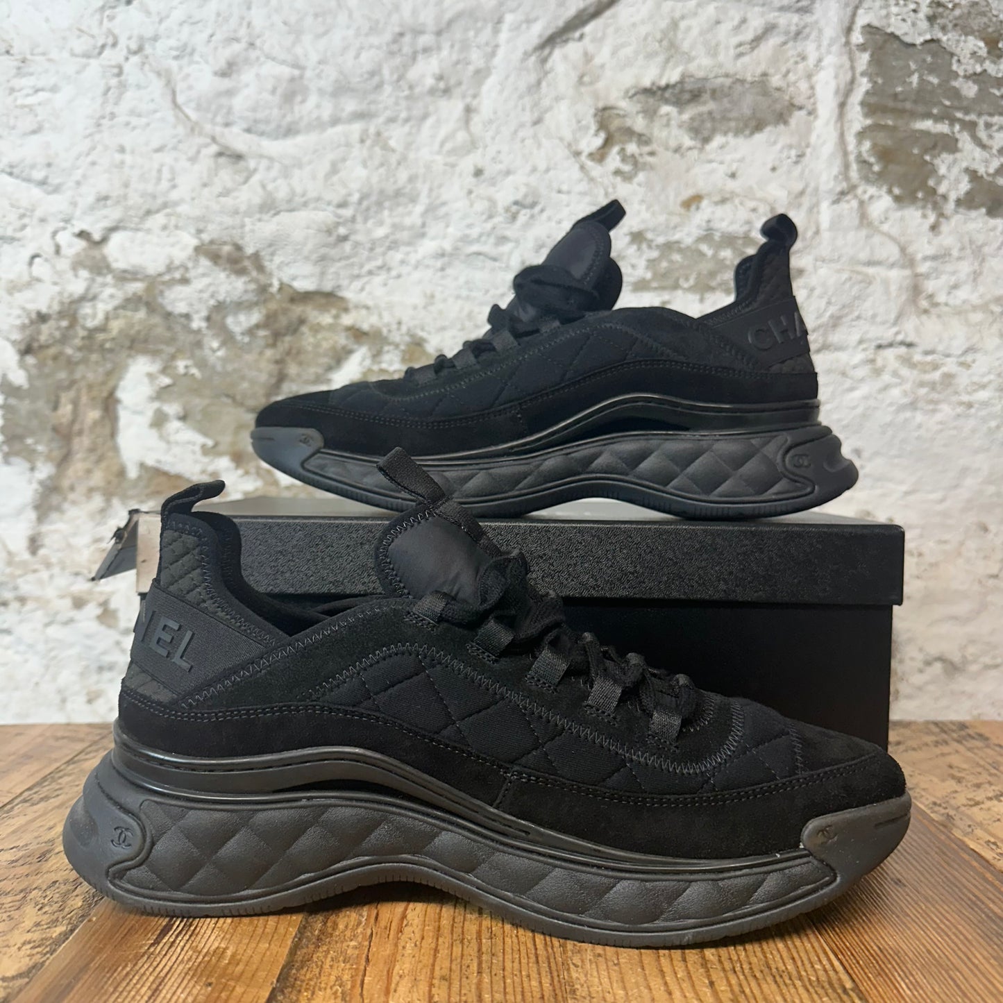 Chanel Silver CC Triple Black Trainer Sneaker Sz 8 (41)