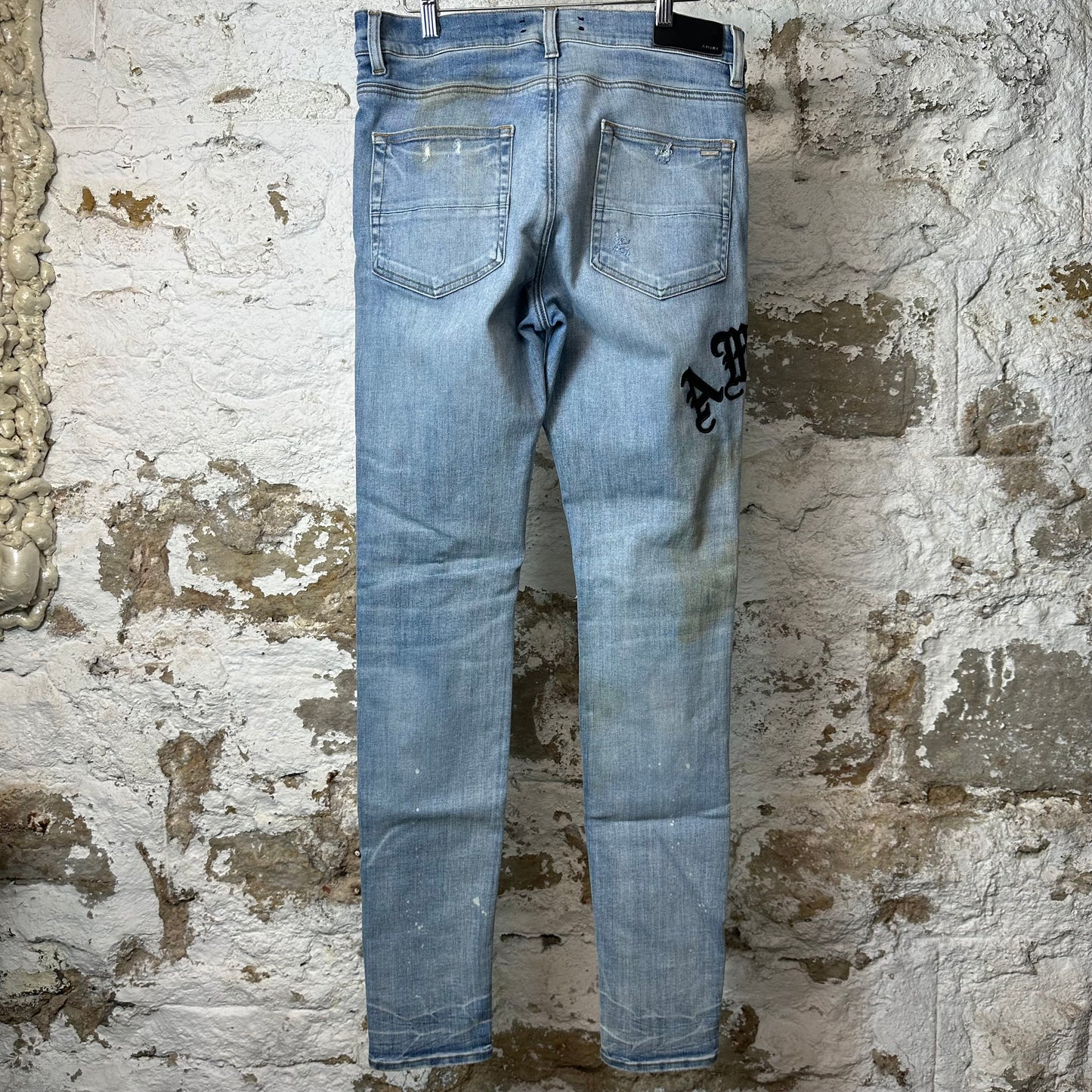 Amiri Black Old English Spell Blue Denim Jeans Sz 33