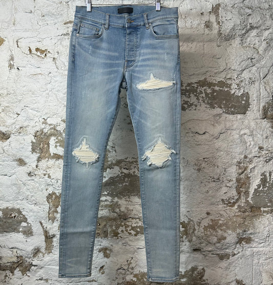 Amiri MX1 Cream Suede Blue Denim Jeans Sz 31