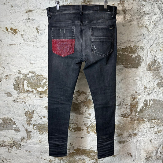 Amiri MX1 Red Glitter Grey Denim Jeans Sz 32