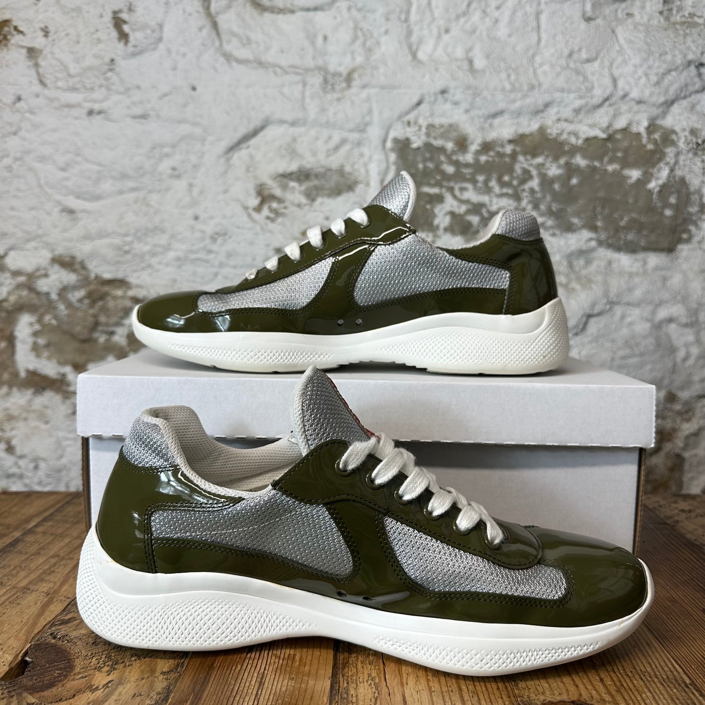 Prada Americas Cup Olive Patent Grey White Sneaker Sz 9