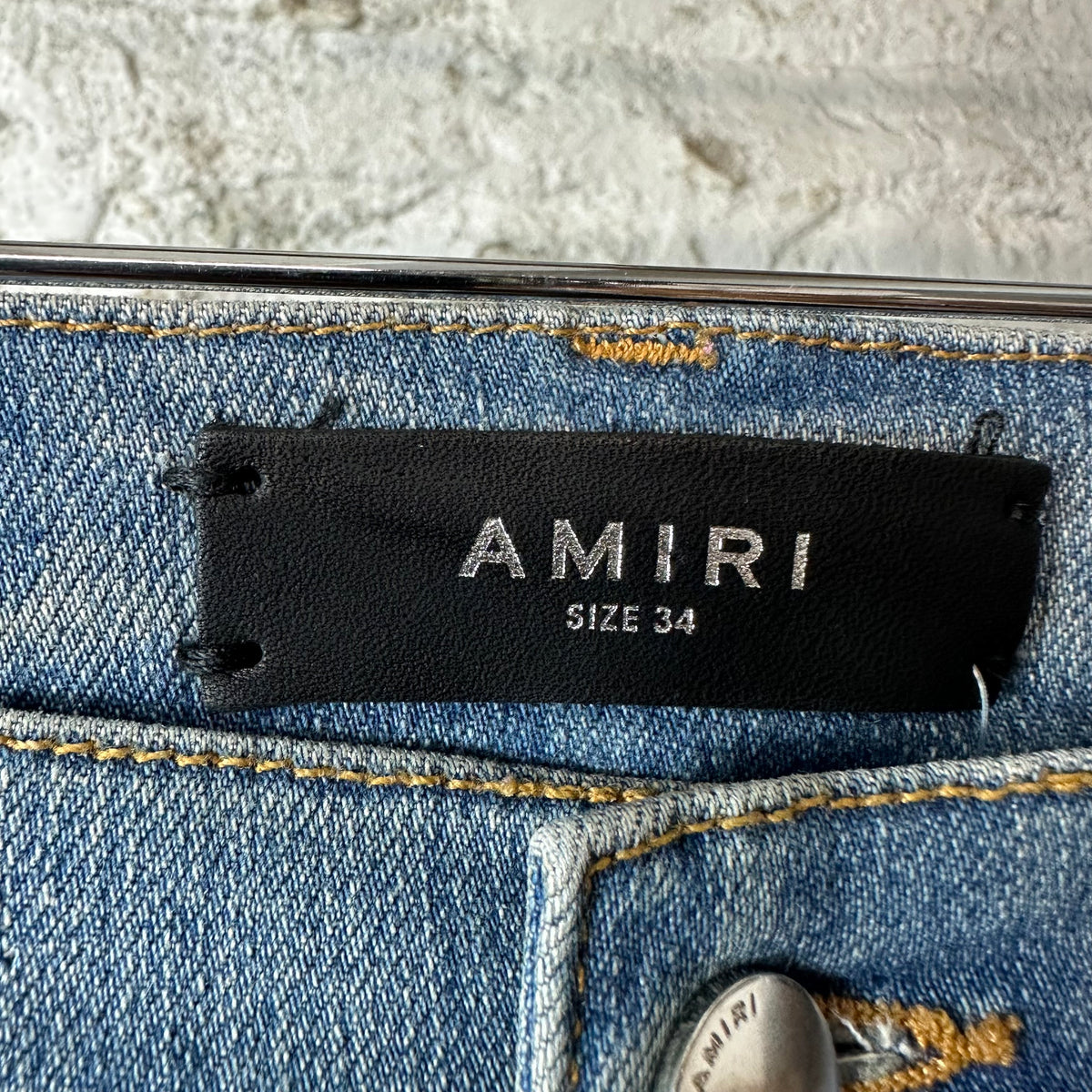 Amiri MX1 Brown Leather Core Logo Blue Denim Jeans Sz 34